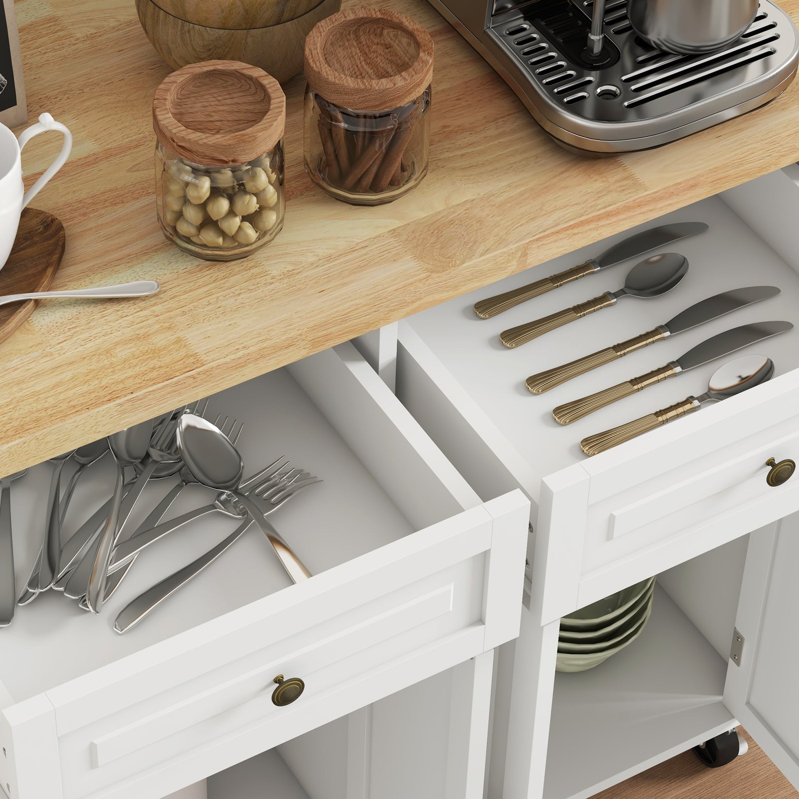 Rolling Kitchen Island Cart With Rubber Wood Top, Spices Cream White