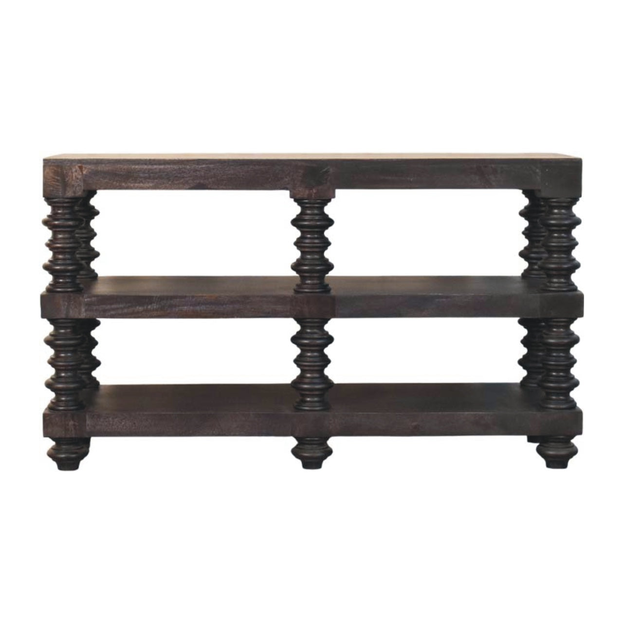 Spindle Shelf Console In Carbon Ash, 2 Open Shelf, Black Brown