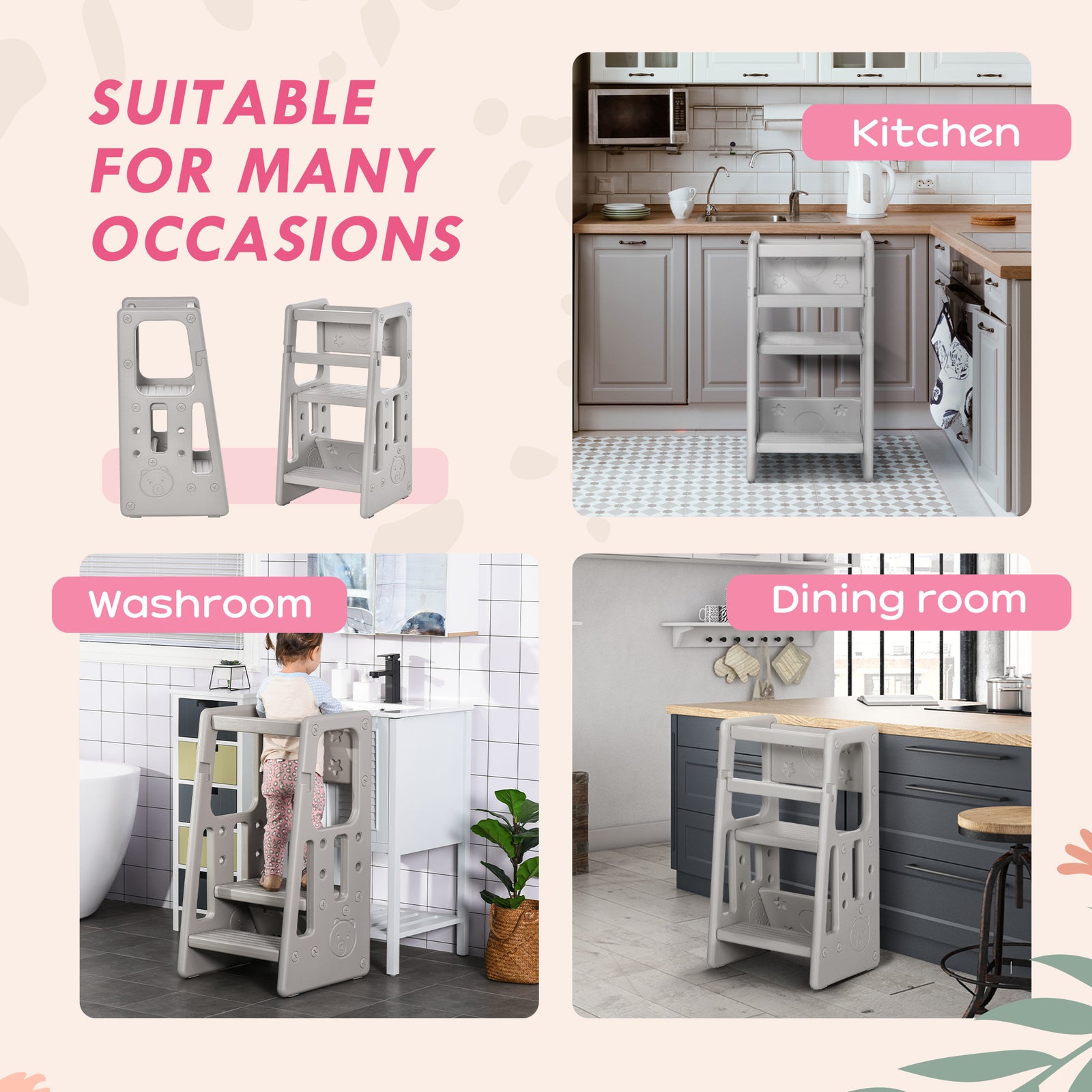 Step Stool, Adjustable Standing Platform, Toddler Kitchen Stool | Gray