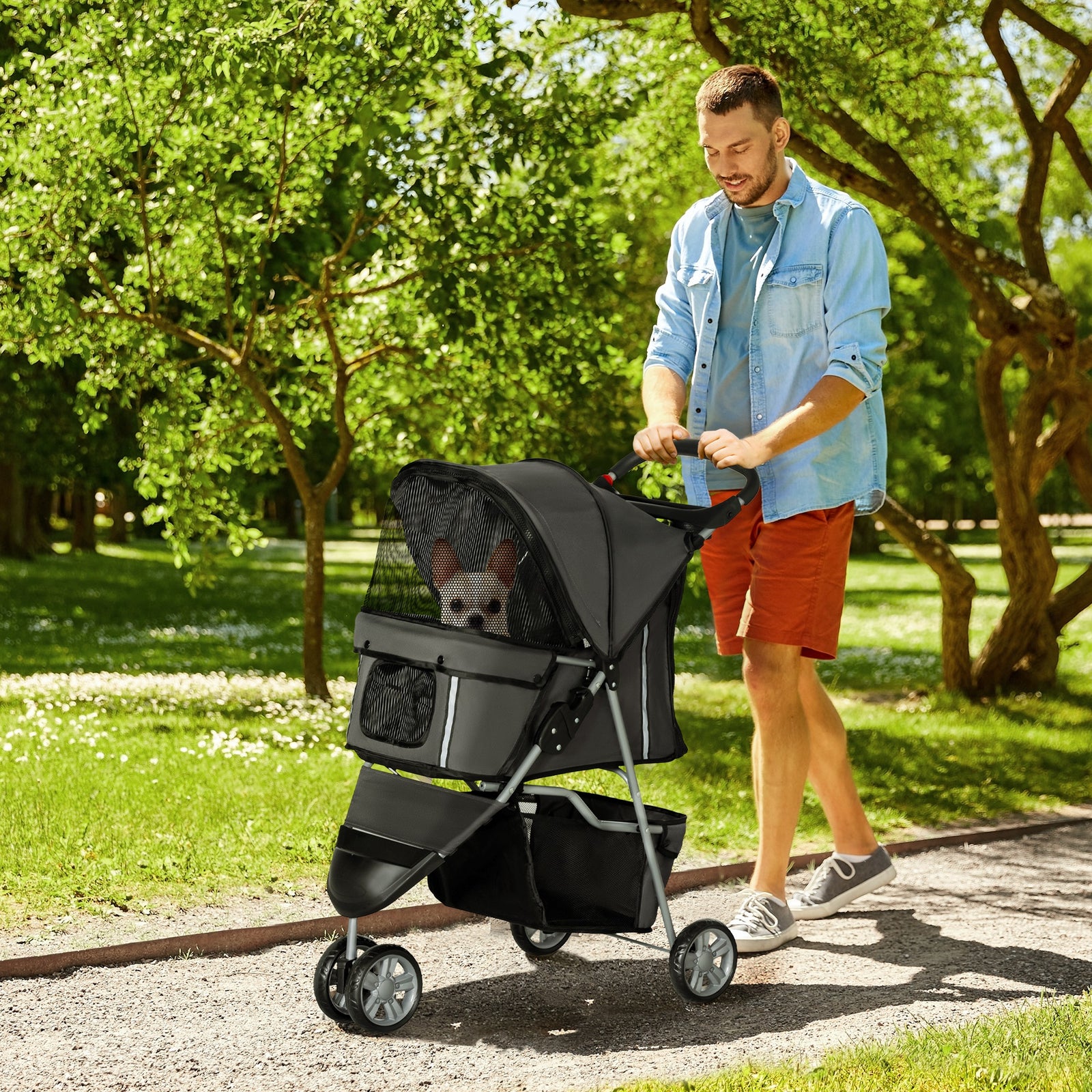 Pet Stroller Pushchair Carrier For Cat Puppy With 3 Wheels | Charcoal Gray