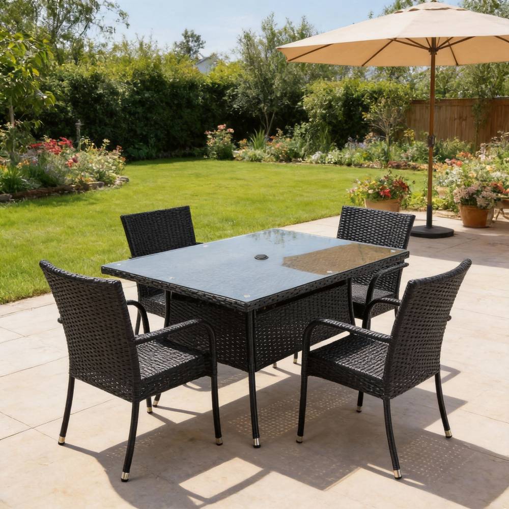Garden Rattan Tempered Glass Top Rectangular Table With Parasol Hole - 120/150 Cm W X 80/90cm D X 72cm H | Large