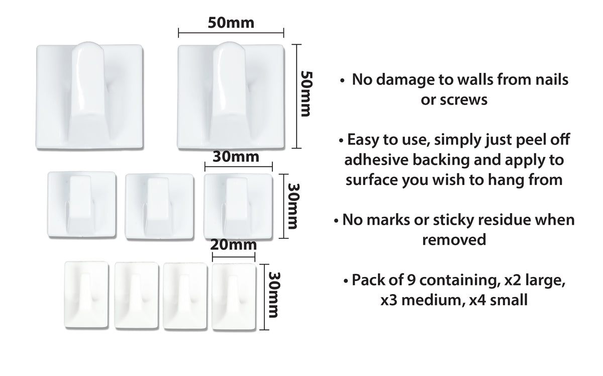St Helens Assorted Self Adhesive Square Shaped Plastic Hooks (pack Of 9)