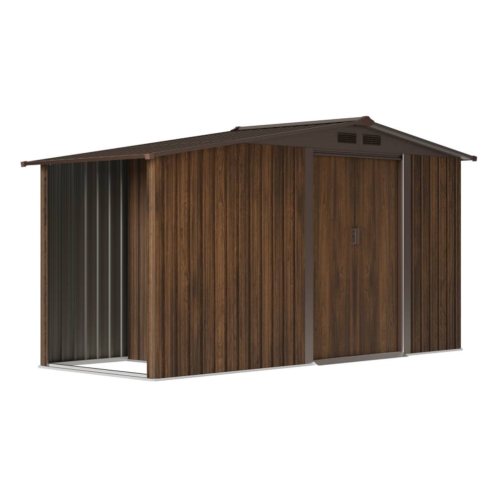 Breeins 4x8ft Outdoor Metal Storage Shed With Firewood Storage – Apex Roof Garden Tool Shed, Double Sliding Doors,brown Wood Grain, Ventilated & Rust-resistant Garden Shed
