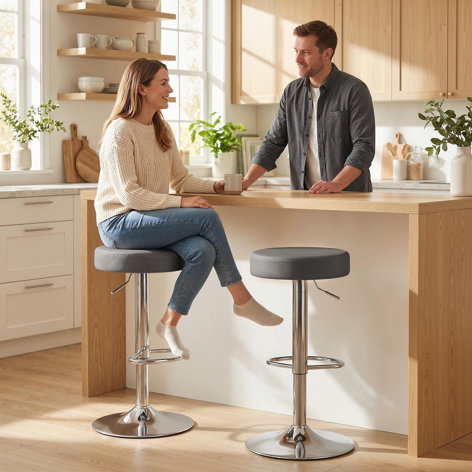 Bar Stools Set Of 2, Height Adjustable Breakfast Bar Chairs | Grey