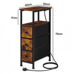 Bedside Table With Led Light Charging 3 Fabric Drawers Storage Brown | Brown