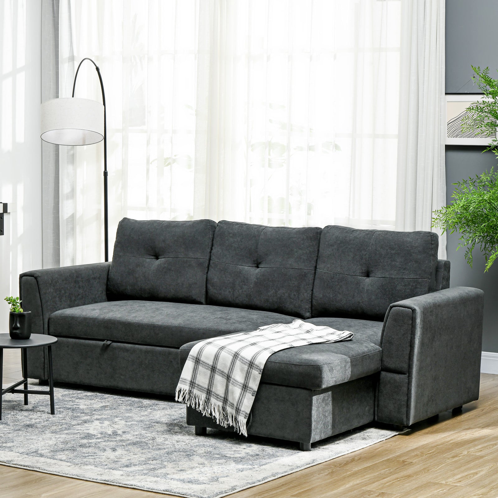 3 Seater Sofa Bed Convertible Pull Out Sofa With Storage | One Size | Dark Gray