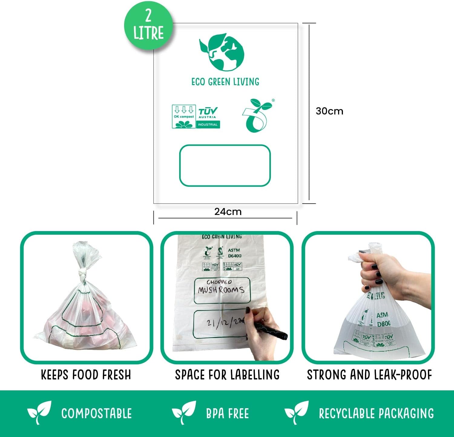Certified Compostable Food & Freezer Bags Pack 2 Litre X 4 (140 Bags Total)