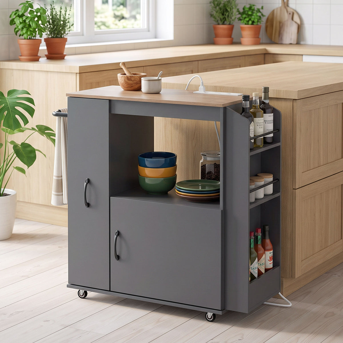 Kitchen Trolley On Wheels, Rolling Kitchen Cart With Power Outlet | Grey