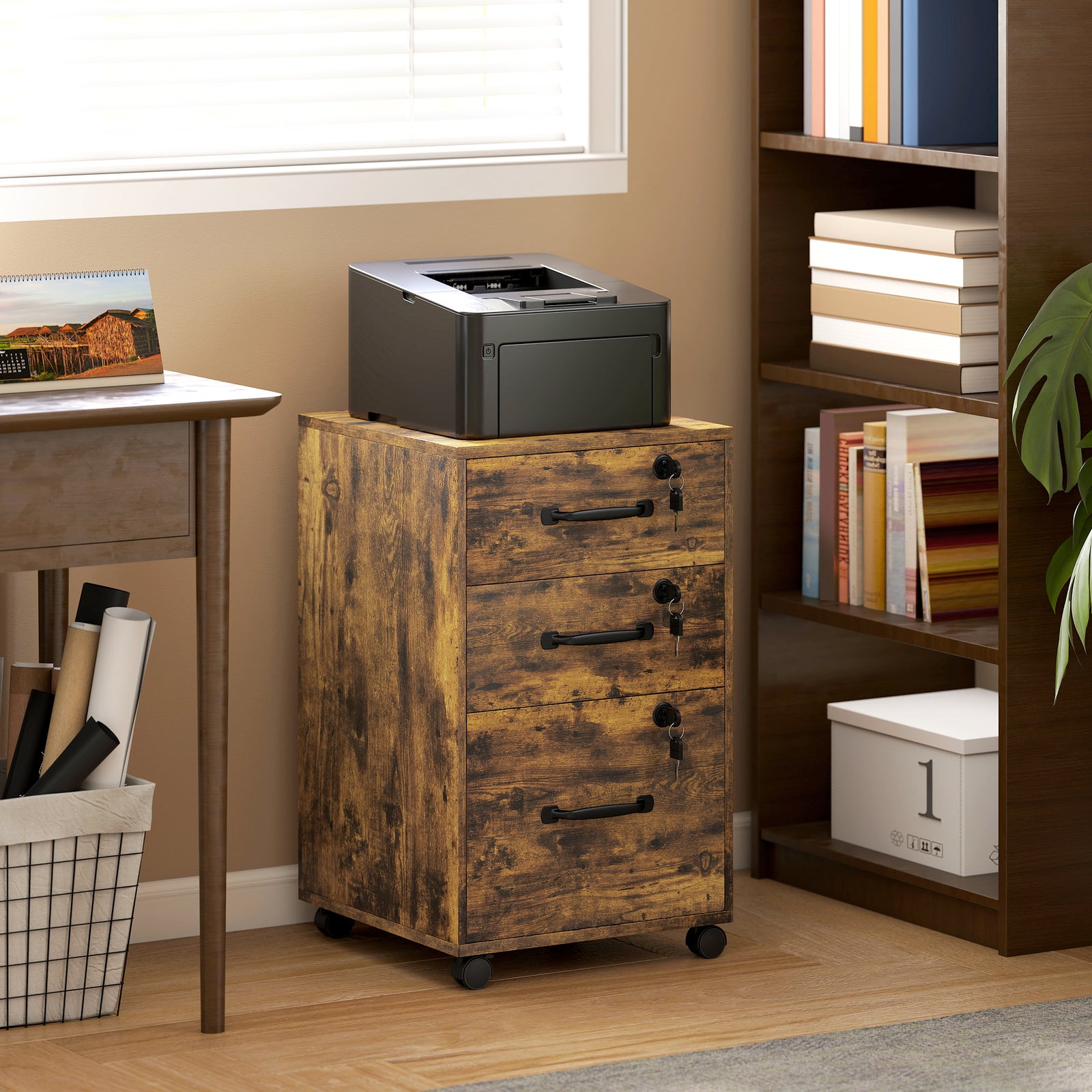 3 Drawer File Cabinet Rolling Filing Cabinet For A4 And Letter | Rustic Brown