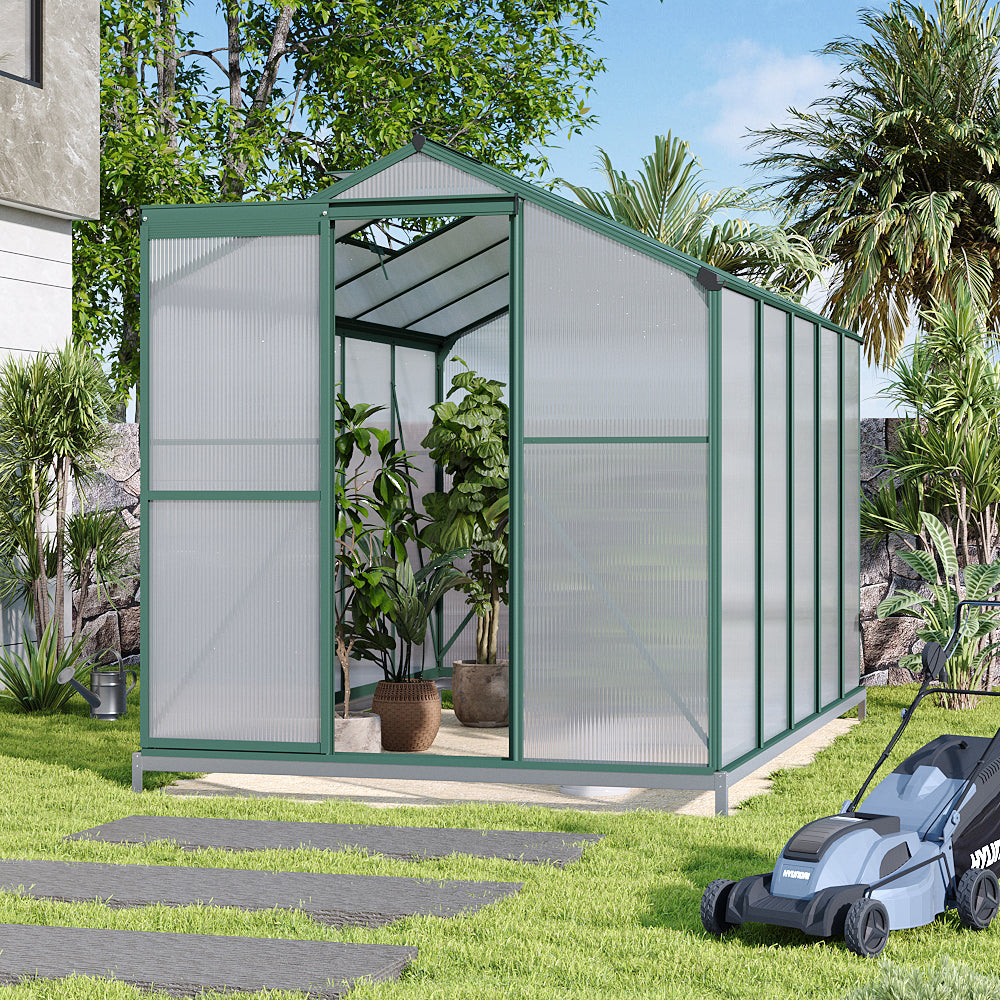 Polycarbonate Greenhouse With Base – Aluminum Frame Walk-in Greenhouse With Sliding Door & 2 Ventilation Window For Plants & Flowers | 10 x 6ft | Green