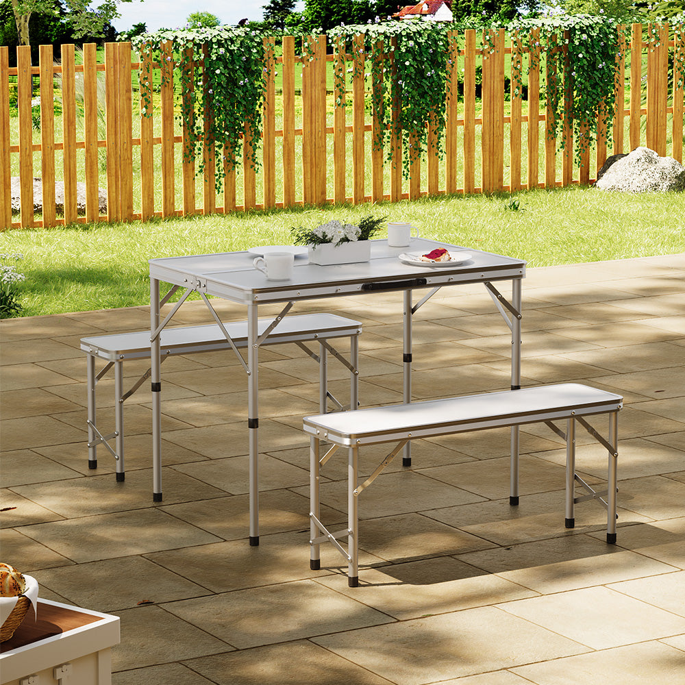 3 Pcs Picnic Table Set Aluminium Portable Folding Camping Table And Benches Set | Set of 3 | Silver