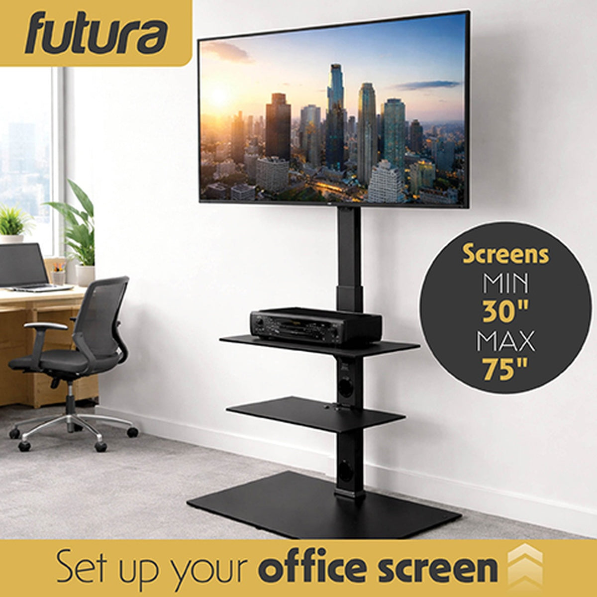 Futura Futura Tv Floor Stand 30 To 75 Inch Height Adjustable Swivel Mount With Two Shelves Supports 40kg