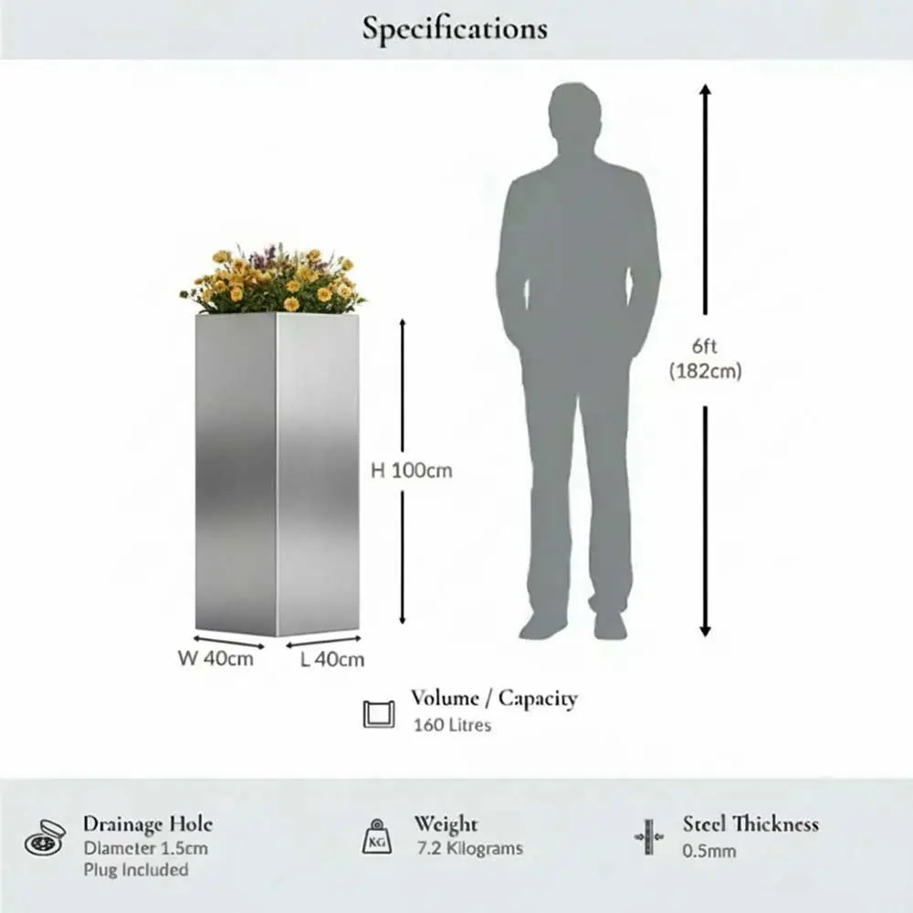 Zinc Galvanised Tall Square Planter | 40cm x 40cm x 100cm | Silver