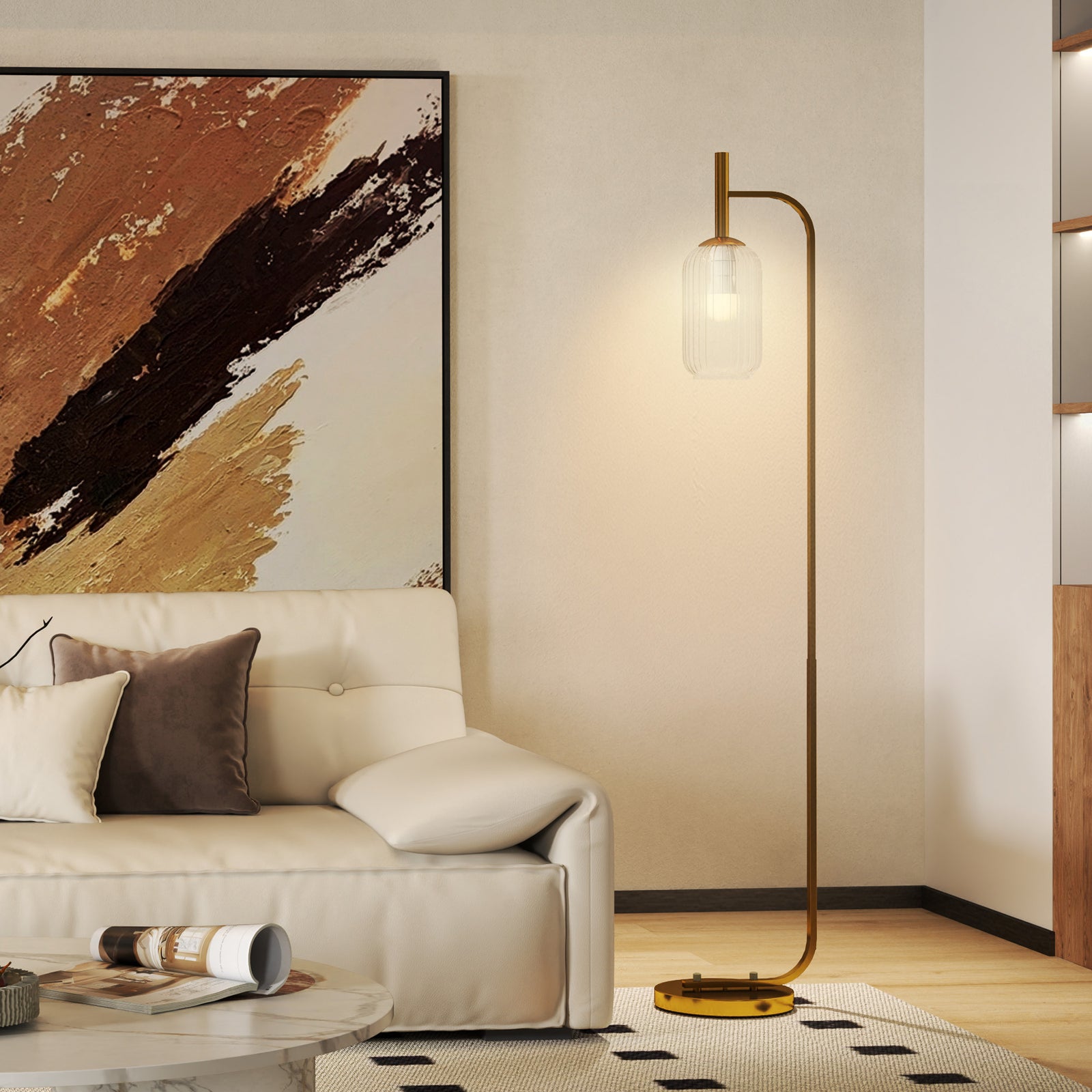 Modern Floor Lamp With Glass Lampshade, Foot Switch For Living Room | Gold