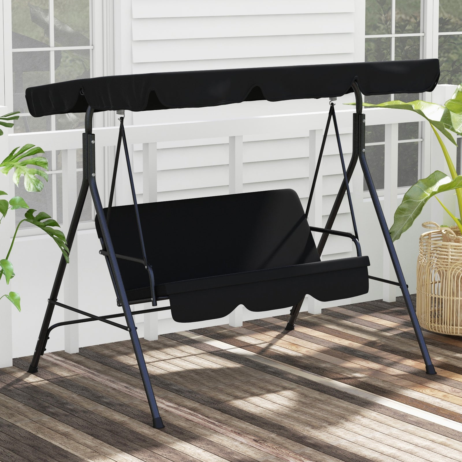 3-seat Swing Chair Garden Swing Seat W/ Adjustable Canopy | Black