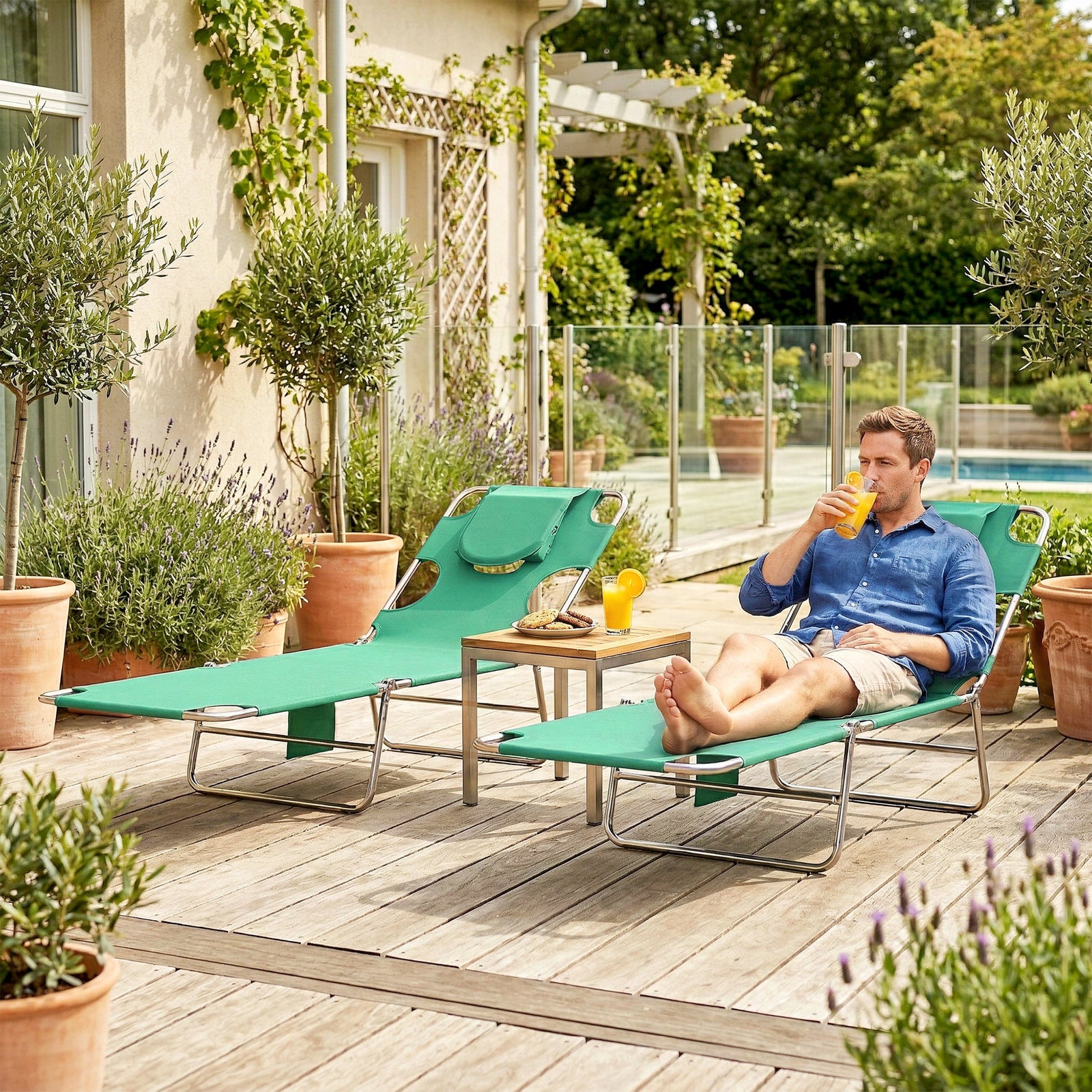 2 Sun Loungers With Reading Hole, Folding Garden Lounger | Green