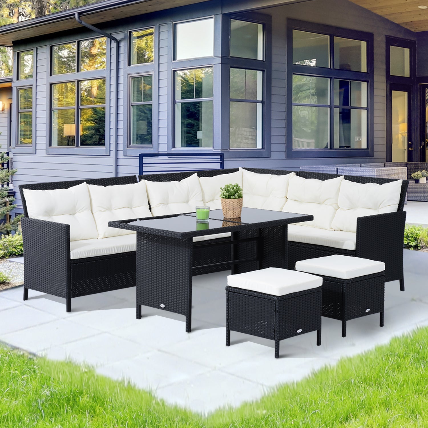6 Pcs Patio Wicker Dining Set Rattan Chair Stool Table Set | Black