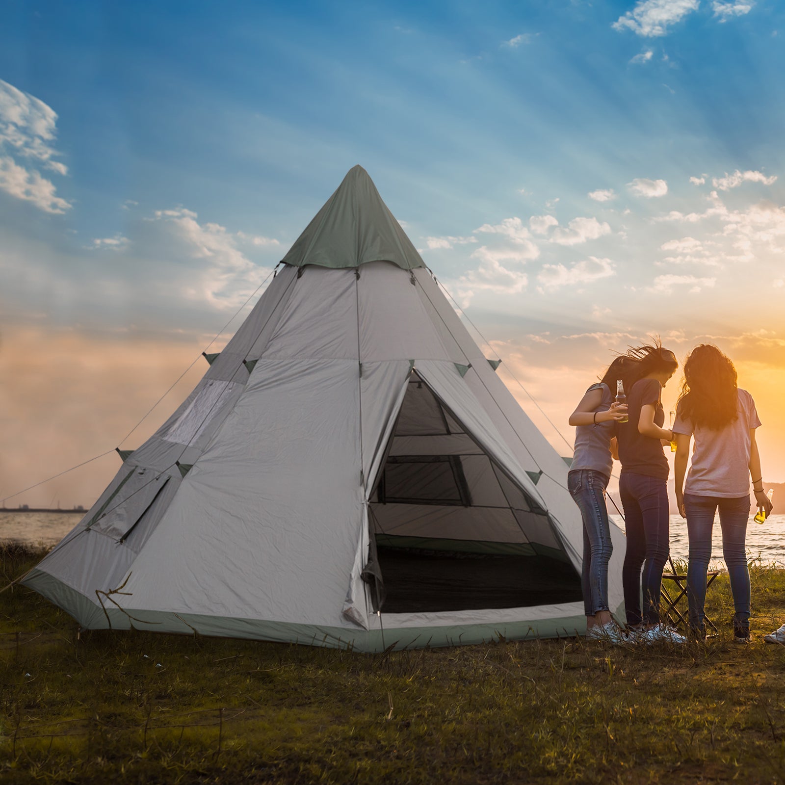 6 Man Tent Metal Poles Water-resistant Walls Windows Door | Gray