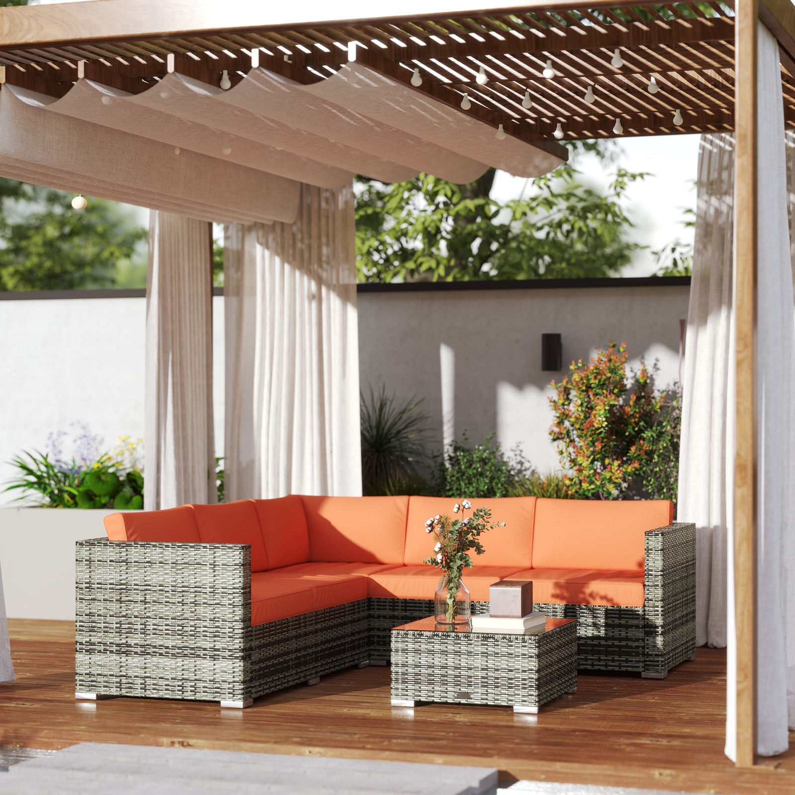 4 Pcs Rattan Outdoor Set Furniture With Sofa Loveseat Table | Orange