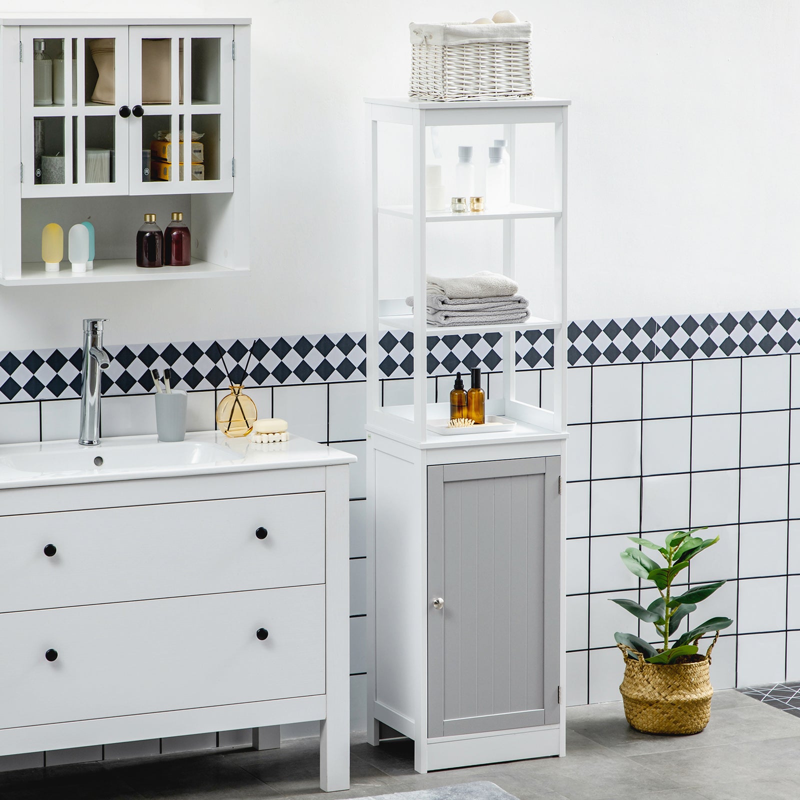 Bathroom Tall Storage Cabinet Organizer Tower W/ Door