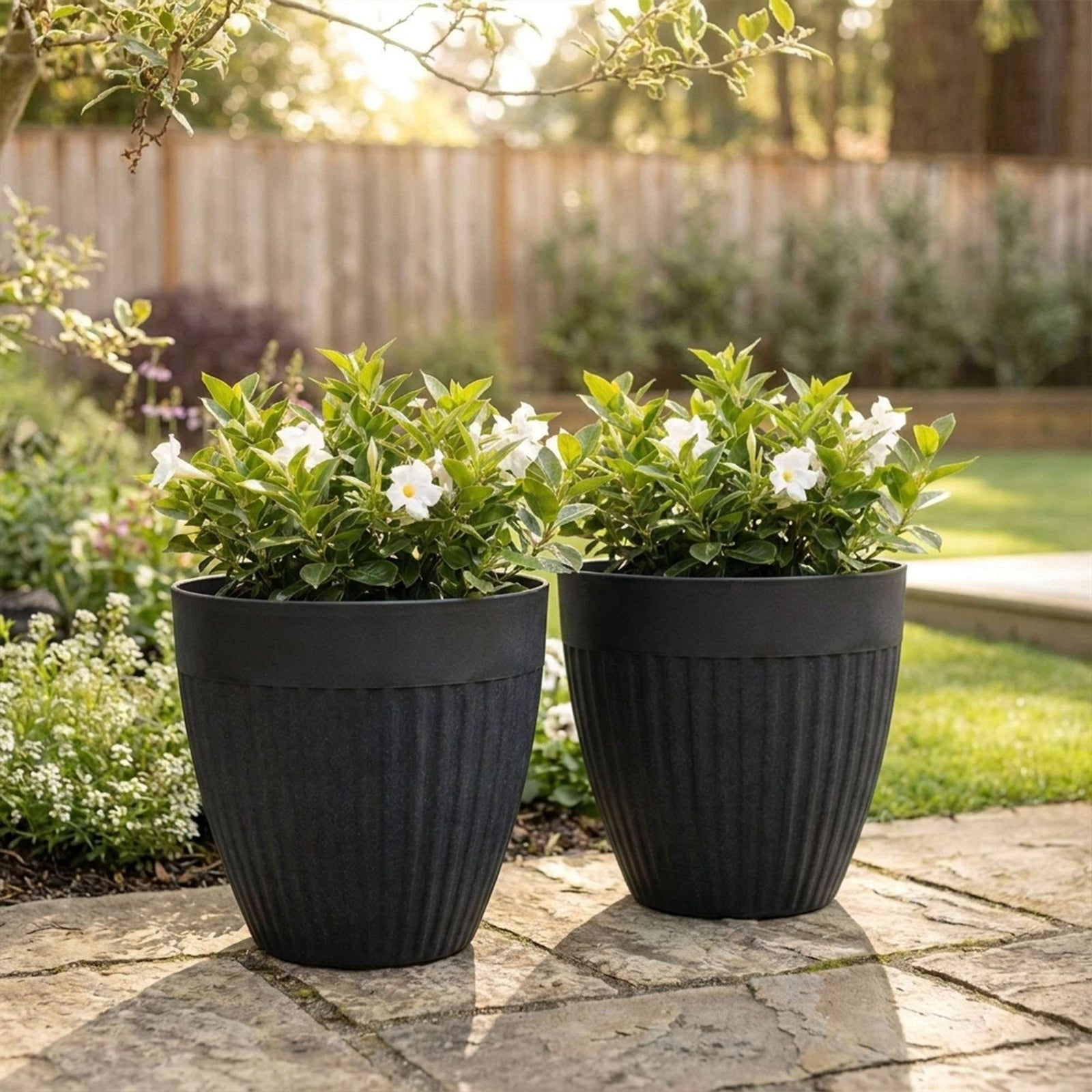 36cm Tall Round Ribbed Effect Black Rubber Planters - Indoor Outdoor Planter | Set-of-2