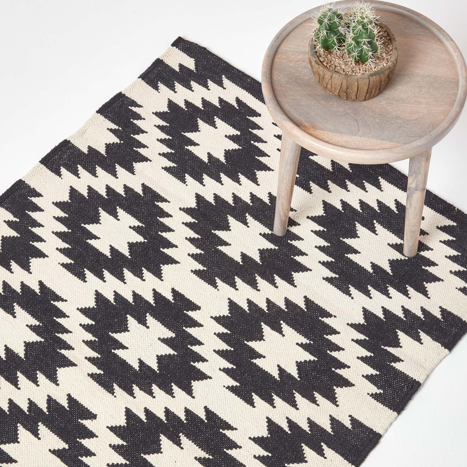 Zurich Handwoven Black And White Cotton Geometric Kilim Rug | 150cm x 95cm | Black & White