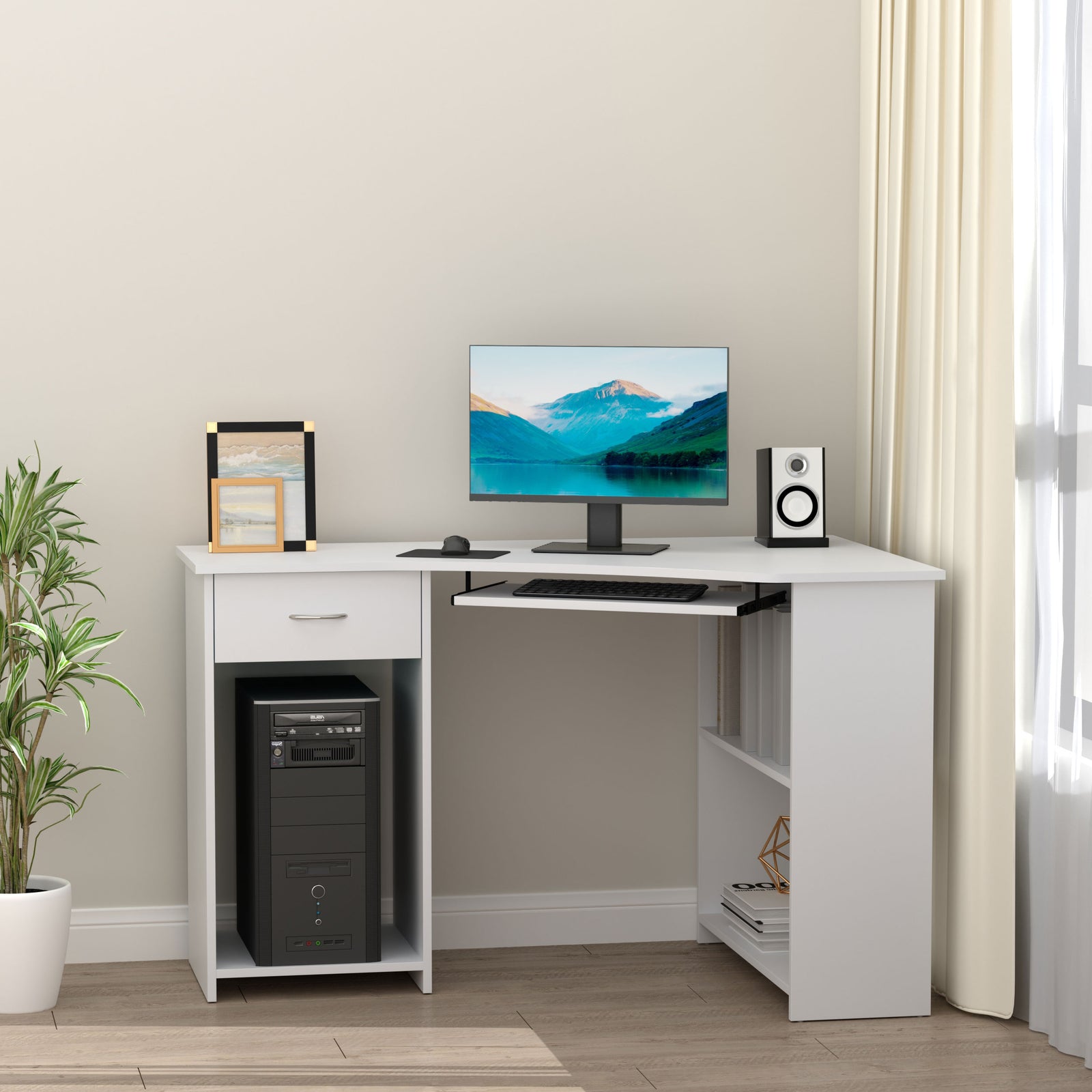 L-shaped Corner Computer Desk W/ 2 Shelves Worktop Keyboard | White