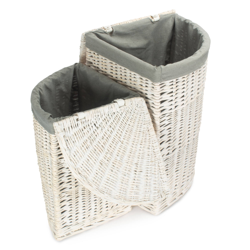 Corner White Wash Laundry Hamper With Grey Sage Lining | Small