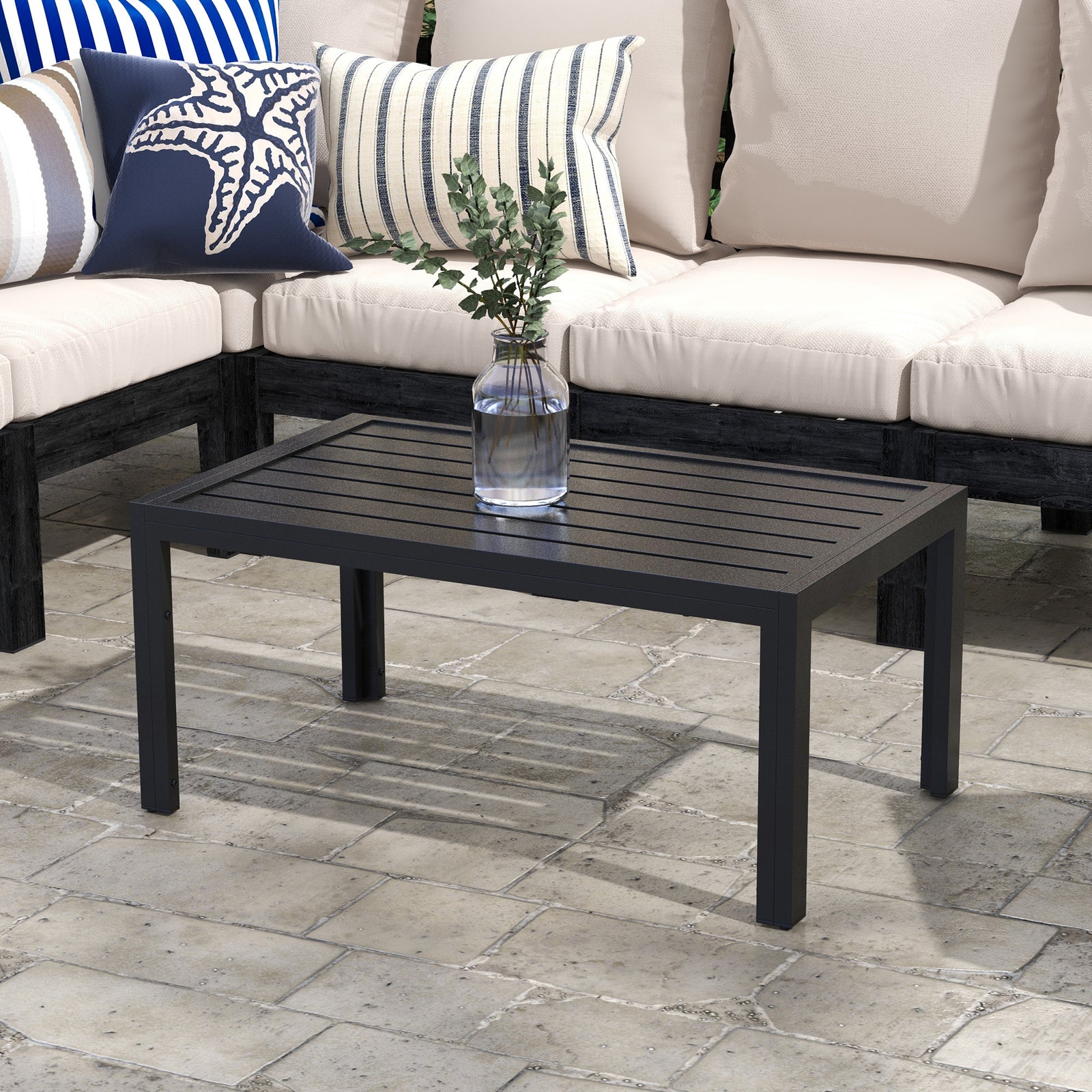 Outdoor Coffee Table Rectangle Patio Table W/ Steel Tabletop