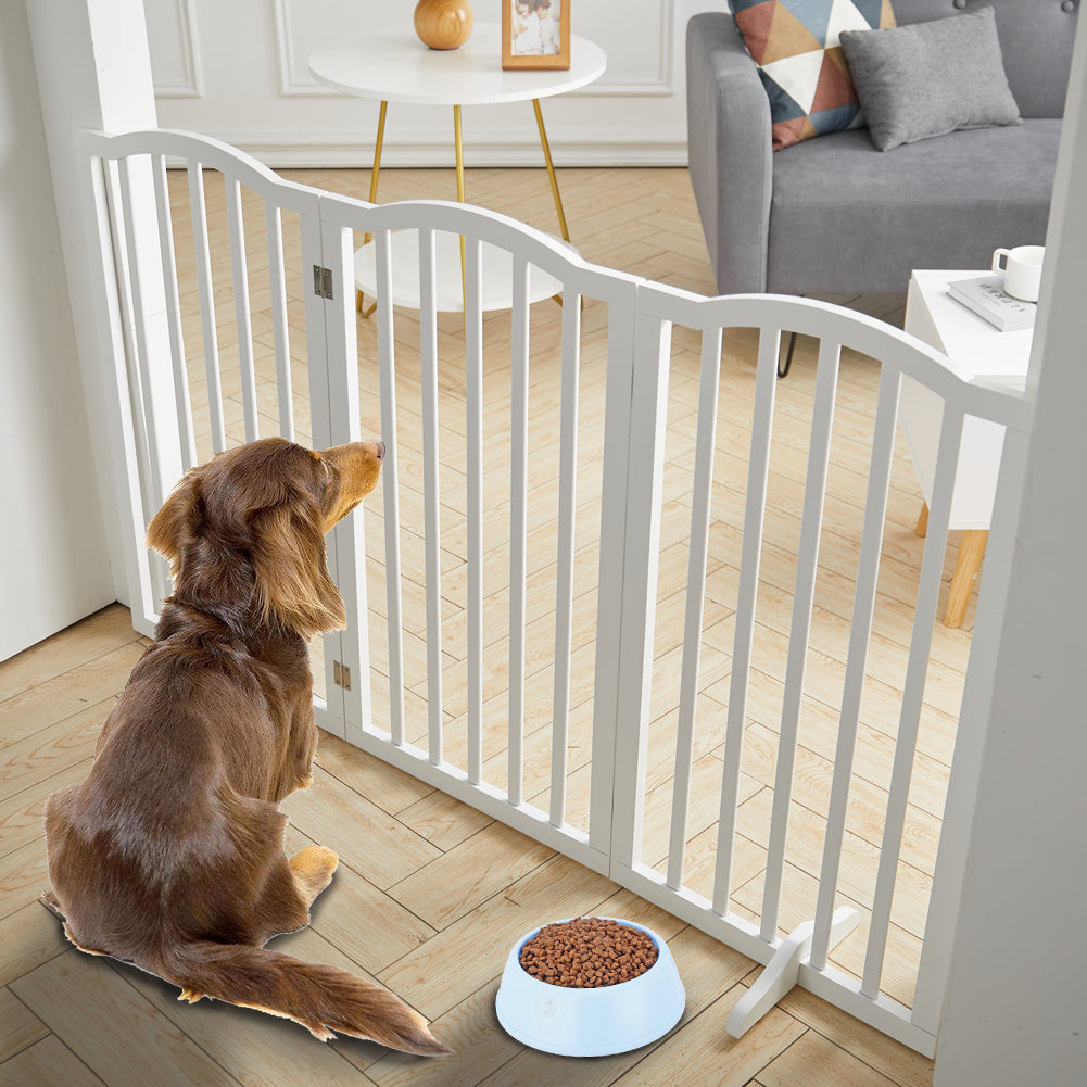 Foldable Freestanding 3/4-panel Arched Pet Gate, Indoor Safety Barrier For Doorways, Halls & Staircases | Small | White
