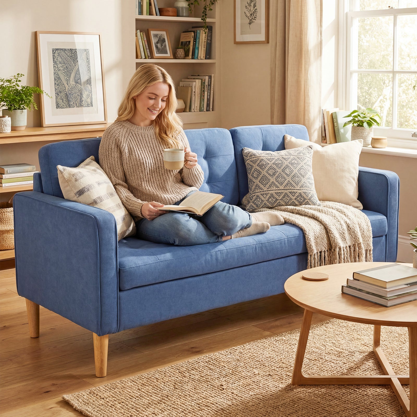 Modern 3 Seater Sofa With Hidden Storage And Rubber Wood Legs | Blue