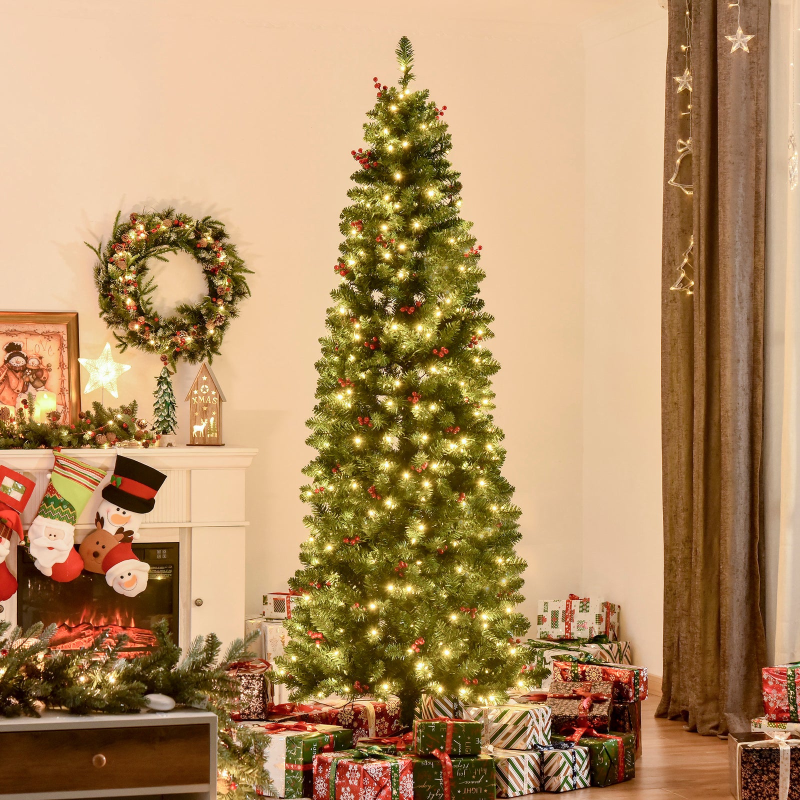 5/6/7ft Prelit Pencil Christmas Tree With Led And Berry | 7ft | Green