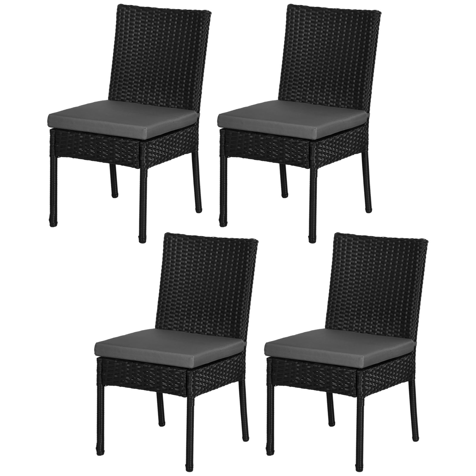 Rattan Garden Chairs W/ Cushion, Wicker Dining Chairs | Set of 4 | Black