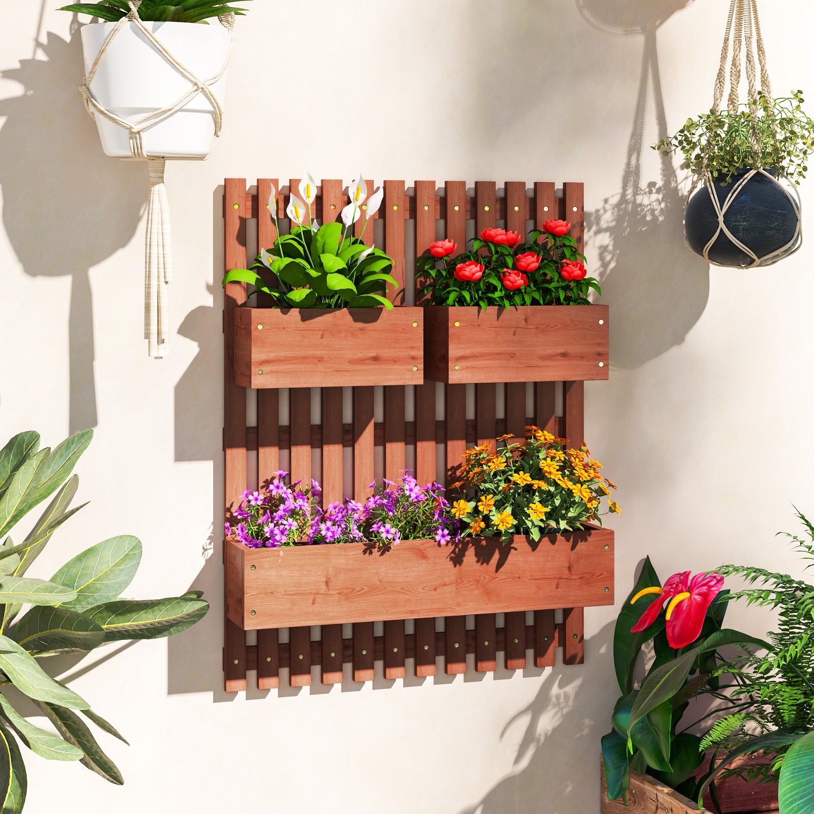 Wall-mounted Wooden Planters With Trellis | Brown