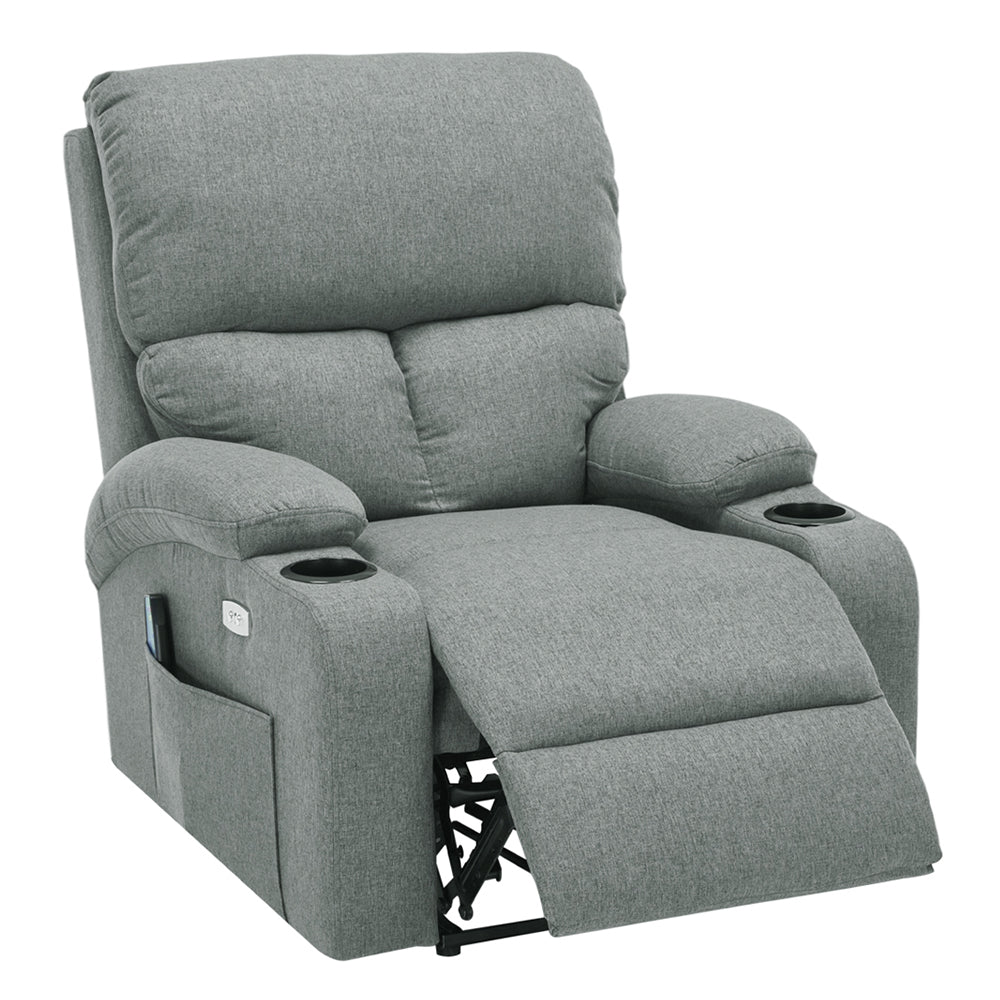 Linen Upholstery Electric Massage Recliner Armchair With Heat, 8-point Vibrating System, Adjustable Backrest, Cup Holders & Storage Pocket