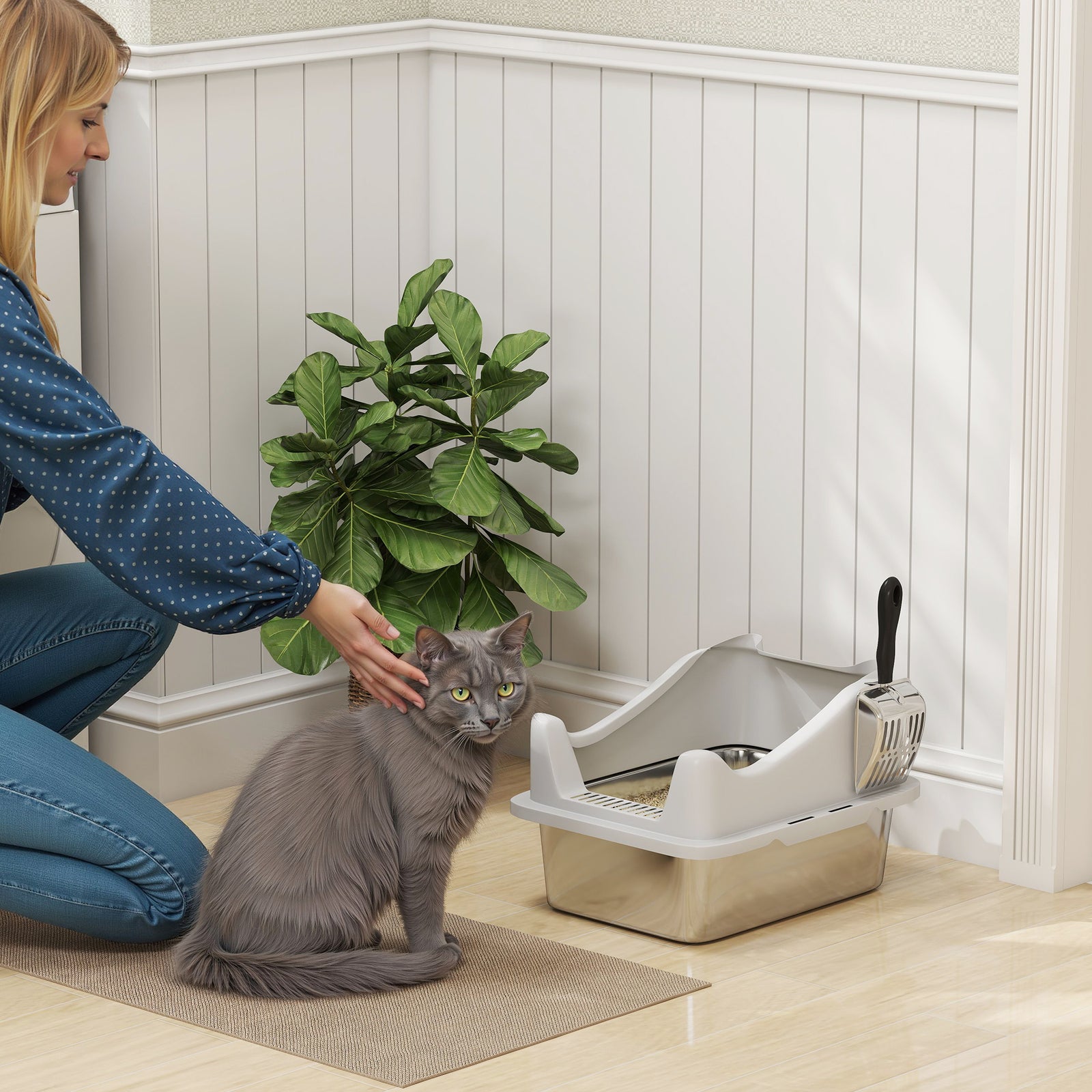 Stainless Steel Cat Litter Box With High Sides, 43 X 33 X 25 Cm | Grey