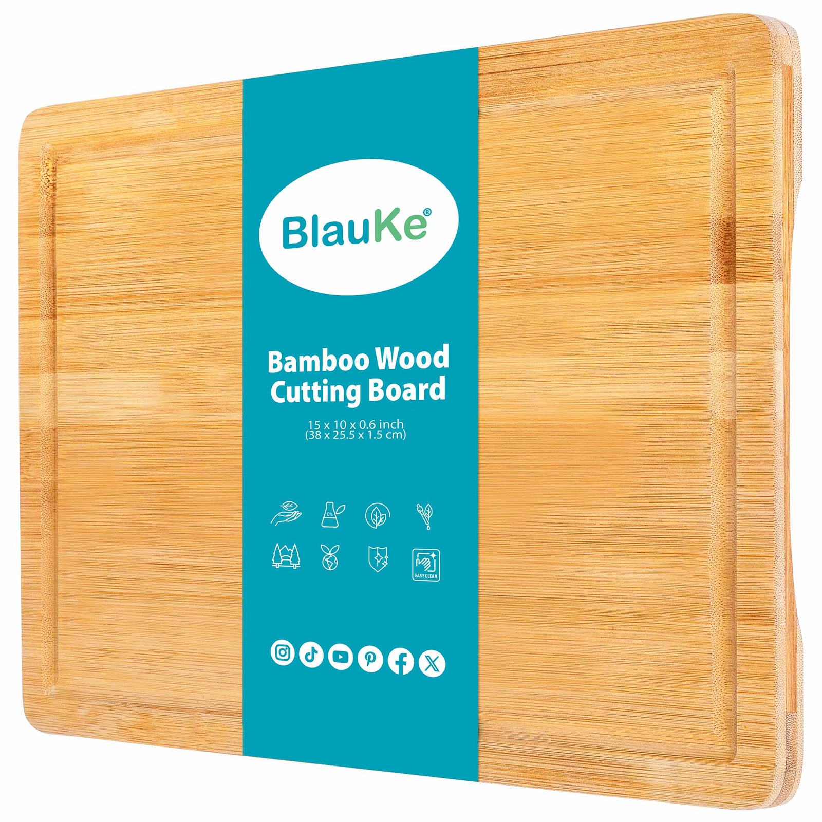 BlauKe Wood Cutting Board For Kitchen - 38x25cm Large Bamboo Cutting Board With Juice Groove And Handles - Wooden Chopping Board