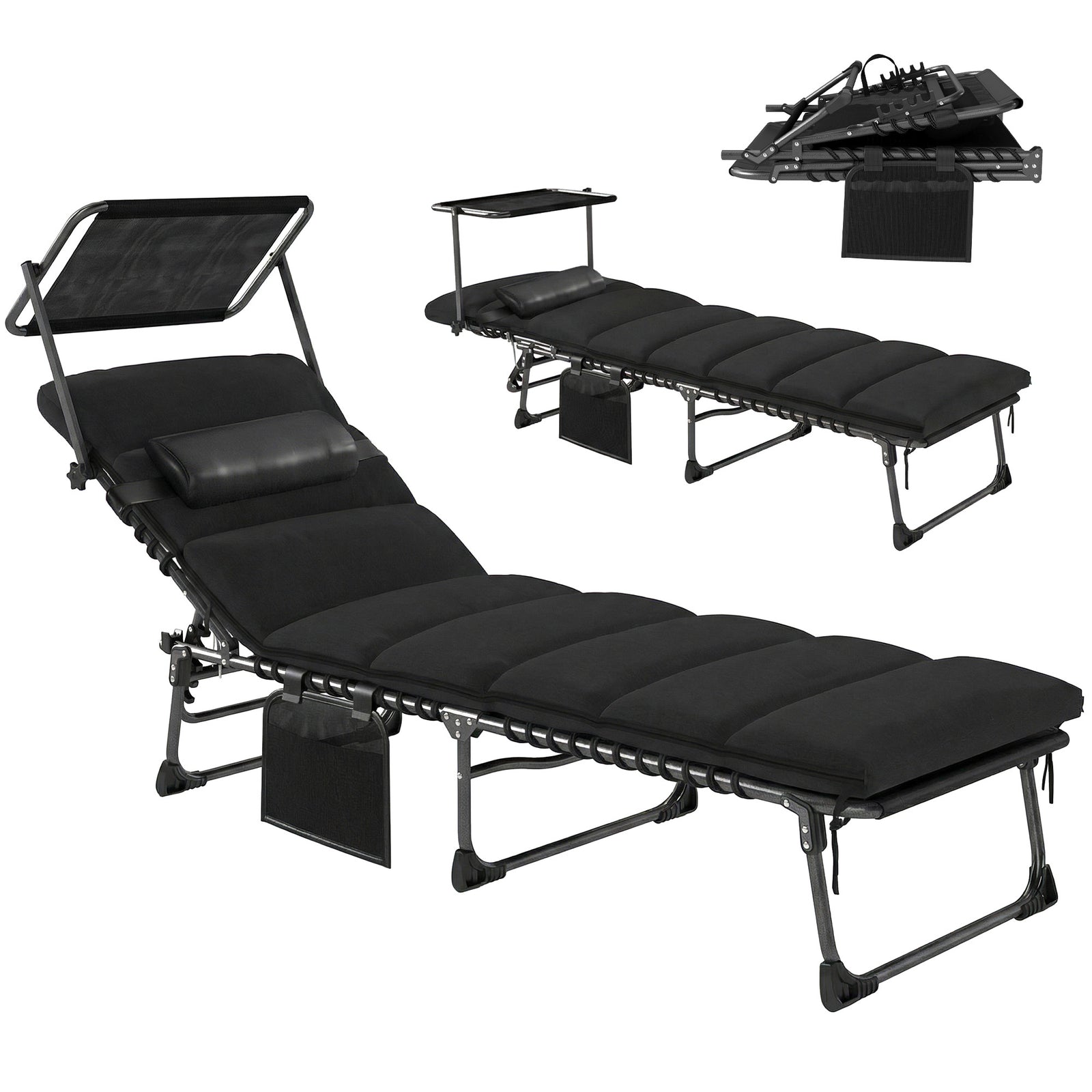 Folding Sun Lounger, Sun Bed With Canopy | Black