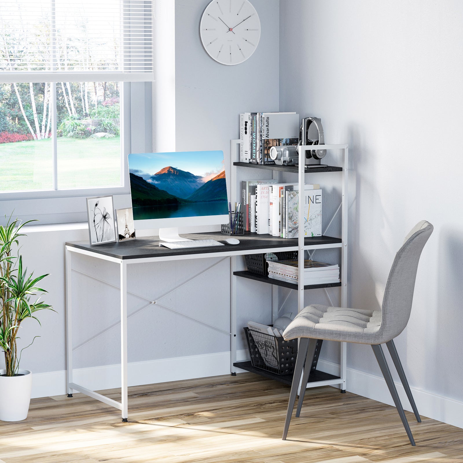 Computer Desk Laptop Table W/4-tier Bookshelf Metal Frame | Black