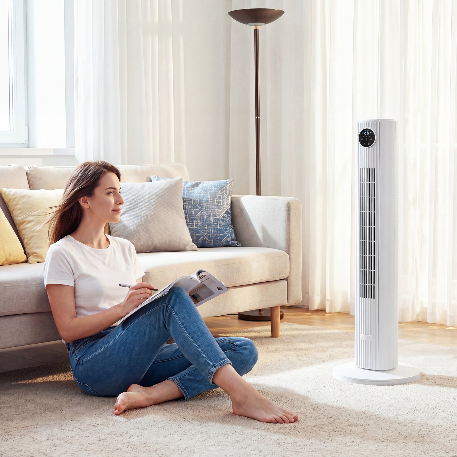 28db Tower Fan For Bedroom, 26 Ft/s Velocity Standing Fan | White