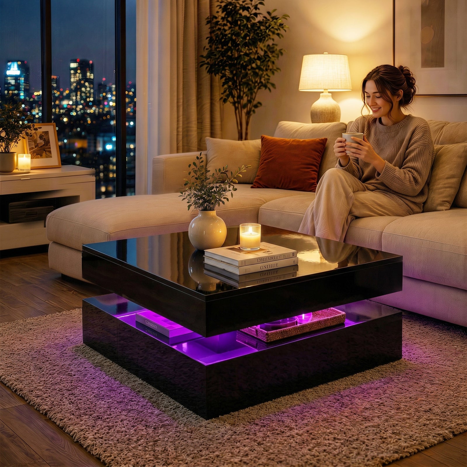 Led Coffee Table With Storage, Modern Centre Table | Black