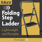 2 Step Ladder, Heavy-duty Steel Folding Home Diy Step Stool With Wide Non-slip Steps & Anti Slip Feet 150kg Capacity | 2 Step | Grey