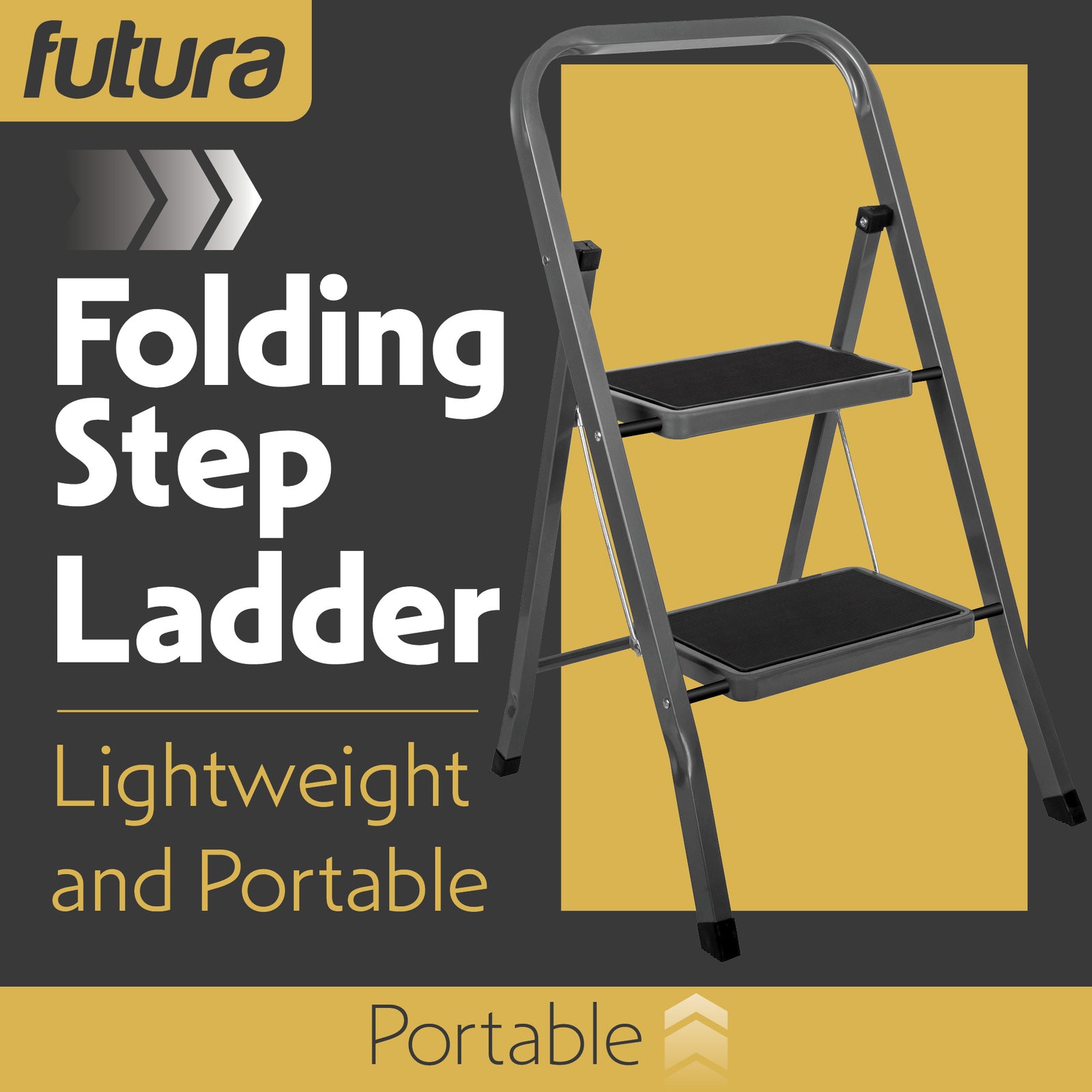 2 Step Ladder, Heavy-duty Steel Folding Home Diy Step Stool With Wide Non-slip Steps & Anti Slip Feet 150kg Capacity | 2 Step | Grey