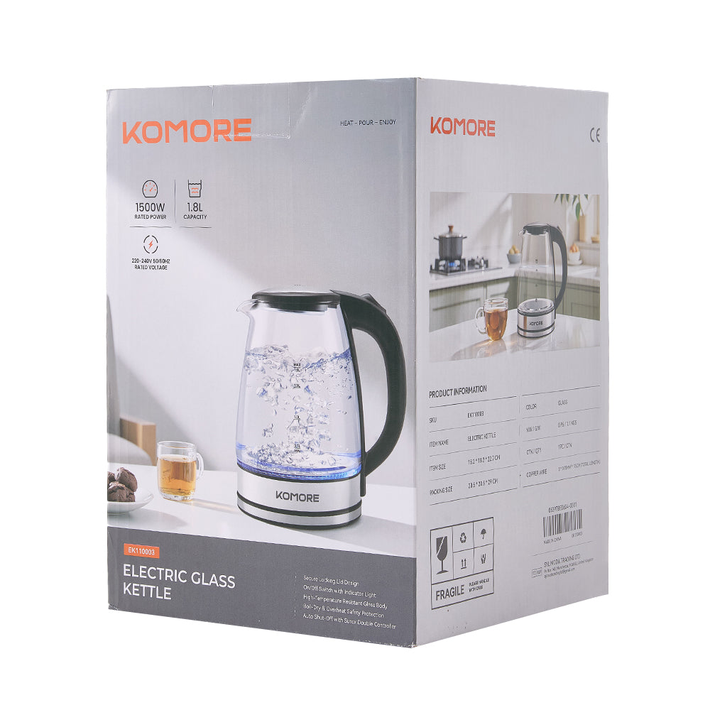 1.8l Glass Electric Kettle – 1500w Fast Boil, Auto Shut-off & Boil-dry Protection