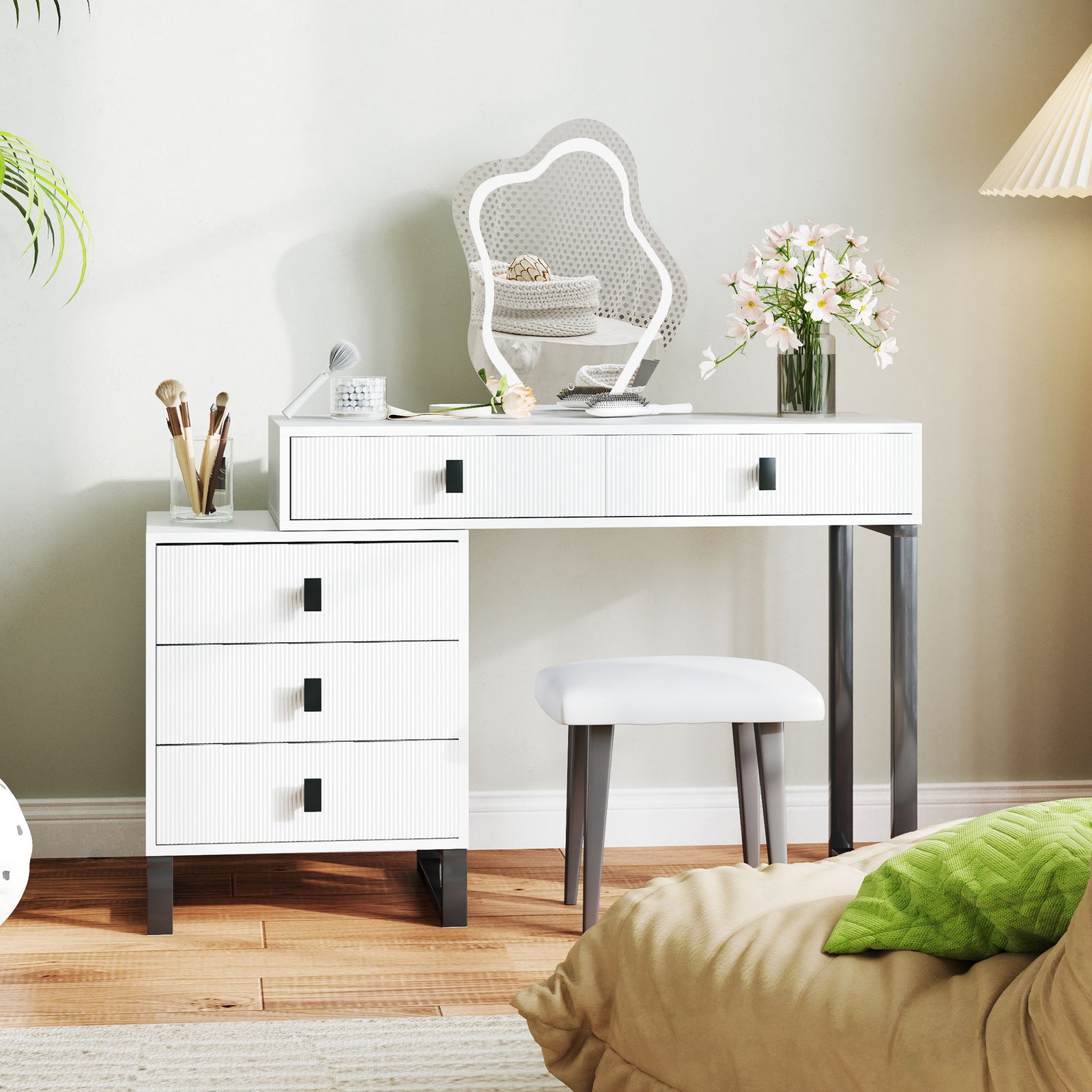 Dressing Table With Led Leaf Shape Mirror And 5 Drawers, White