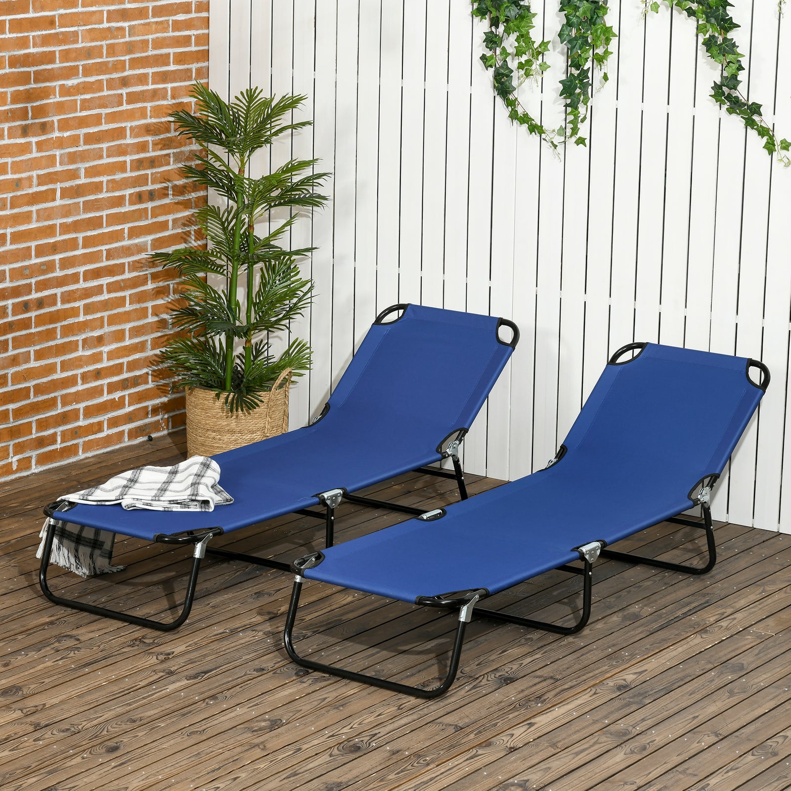 2 Folding Sun Loungers W/ Adjustable Backrest