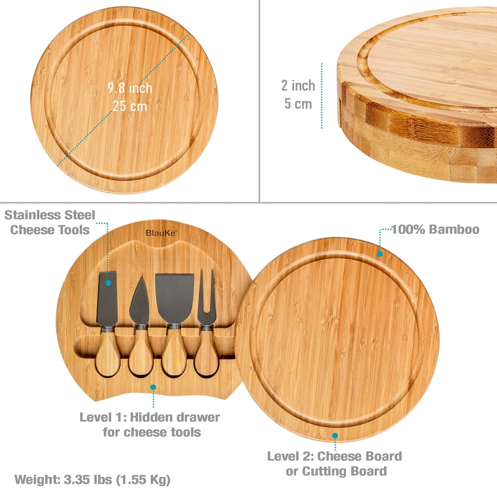 BlauKe Bamboo Cheese Board And Cheese Tool Set - 25cm Round Charcuterie Board, Serving Platter - Wooden Cheese Board Gift Set