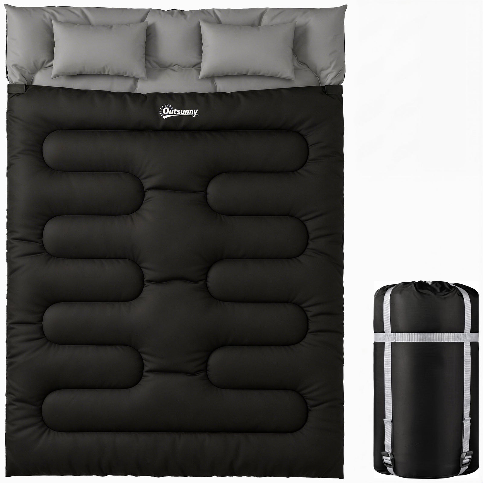 Double Sleeping Bag With 2 Pillows, 220 X 160cm Sleeping Bag | Black