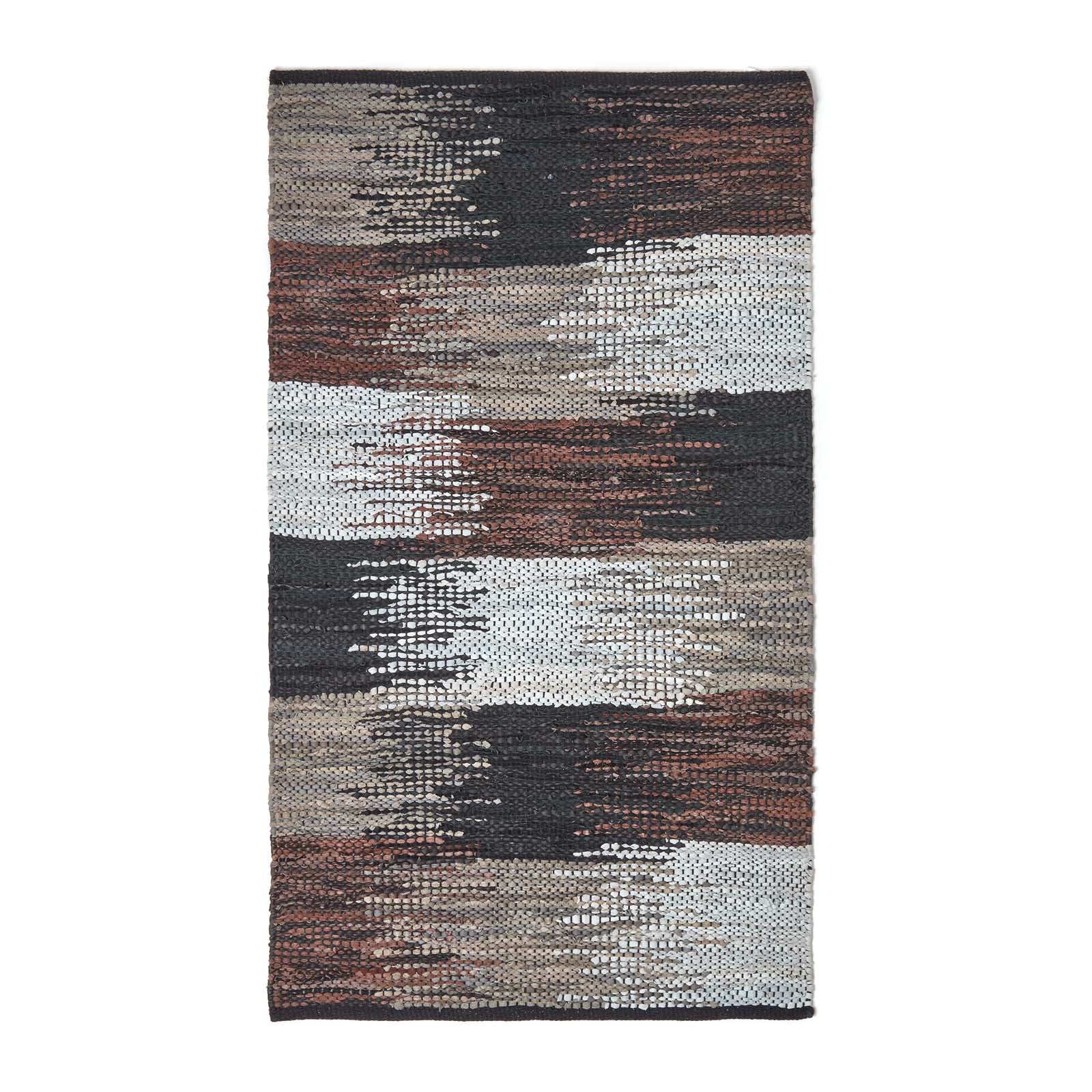 Black, Grey & Brown Real Leather Handwoven Cutshuttle Rug | 120cm x 180cm | Black & Brown