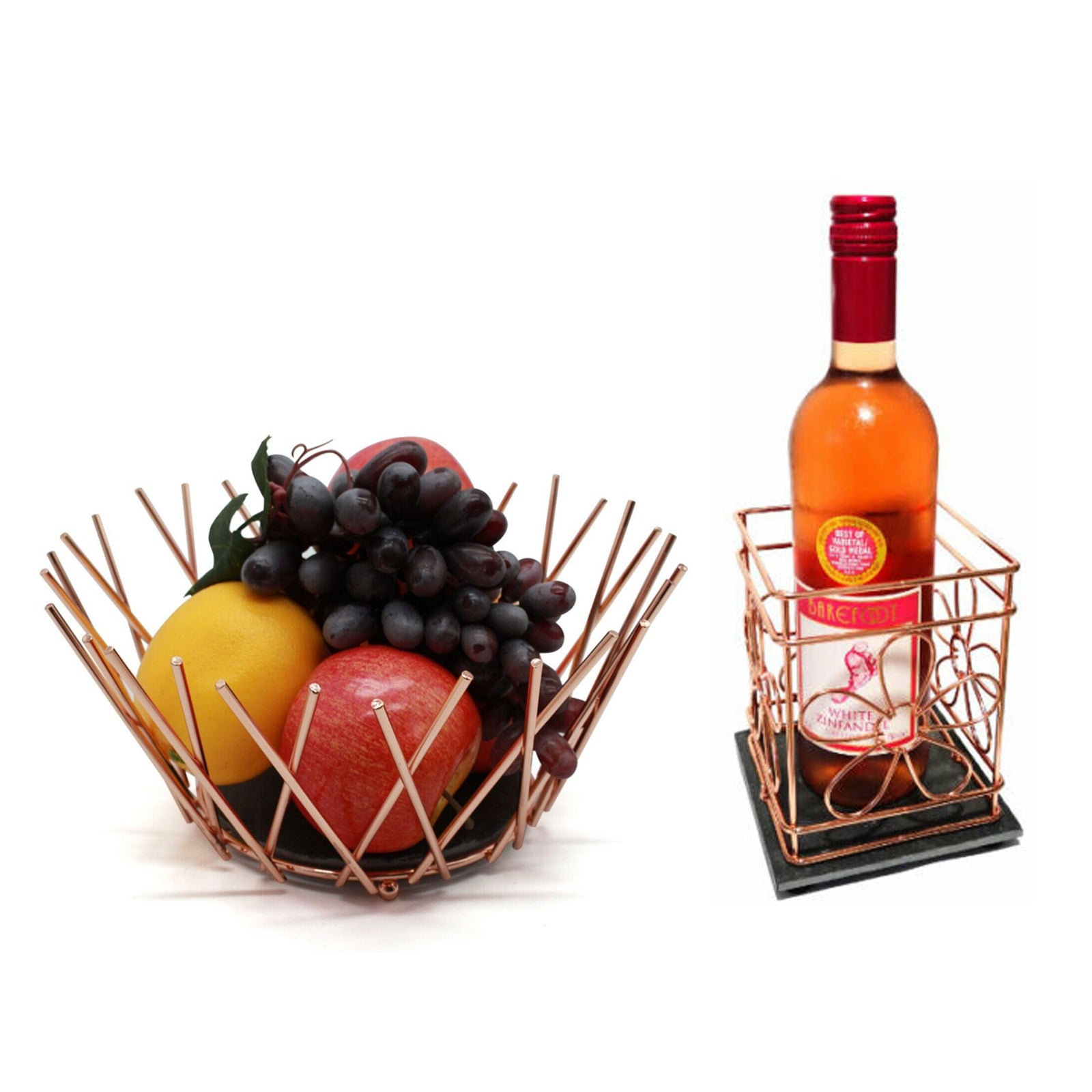 Fruit Bowl Utensil Holder Storage Basket Copper Metal Wire Slate Base